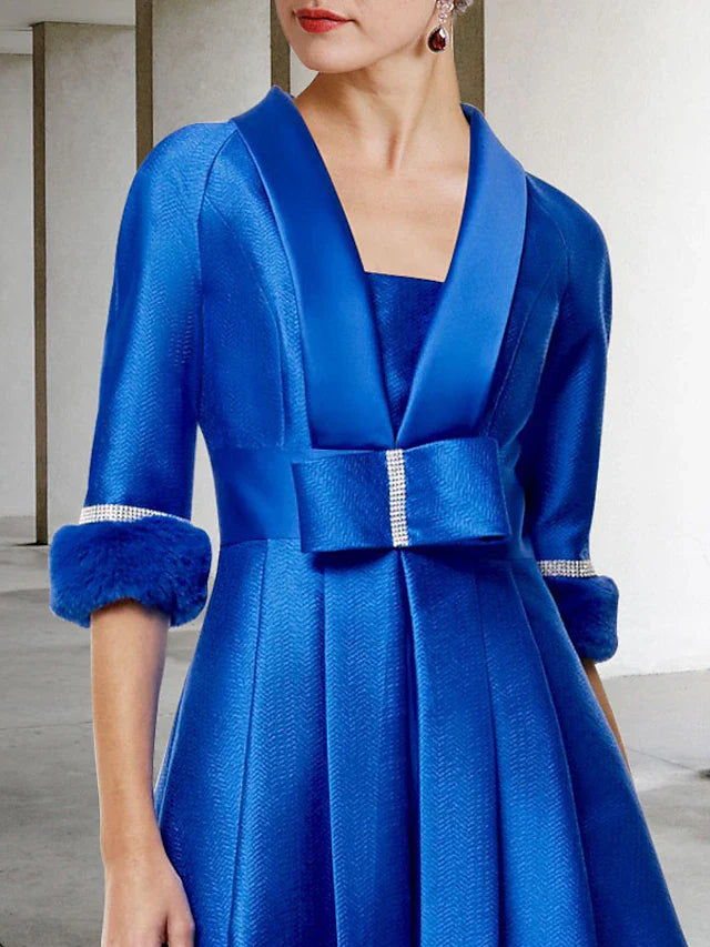 Wholesale Two Piece A-Line Mother of the Bride Dress Elegant Jewel Neck Tea Length Satin Half Sleeve Jacket Dresses with Bow(s) Pleats Crystals