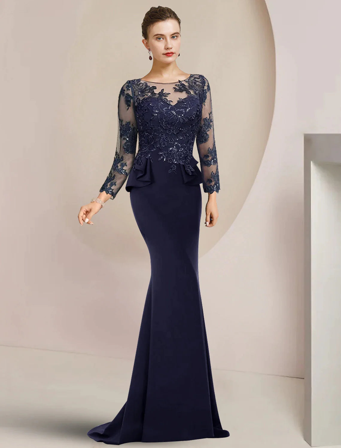 Wholesale Mermaid / Trumpet Mother of the Bride Dress Formal Wedding Guest Party Elegant Scoop Neck Sweep / Brush Train Chiffon Sequined Long Sleeve with Sequin Ruffles Appliques