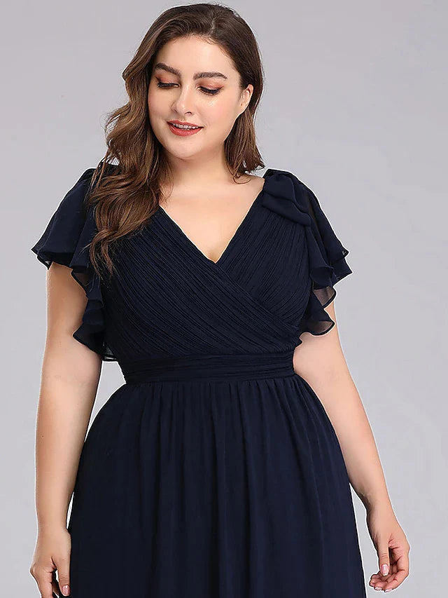 Wholesale A-Line Mother of the Bride Dress Plus Size V Neck Floor Length Chiffon Short Sleeve with Ruffles Ruching