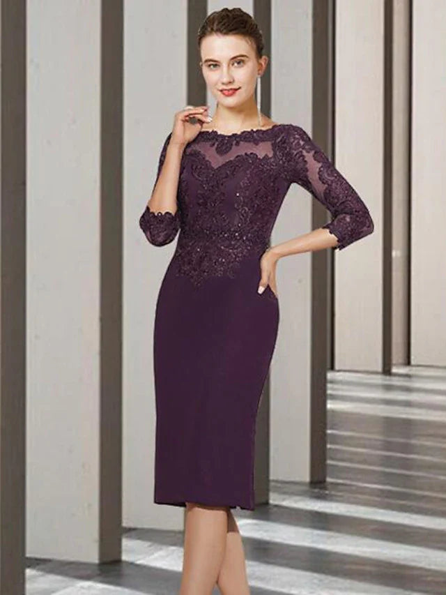 Wholesale Two Piece A-Line Mother of the Bride Dress Church Elegant Jewel Neck Knee Length Chiffon Lace 3/4 Length Sleeve Jacket Dresses with Beading Appliques