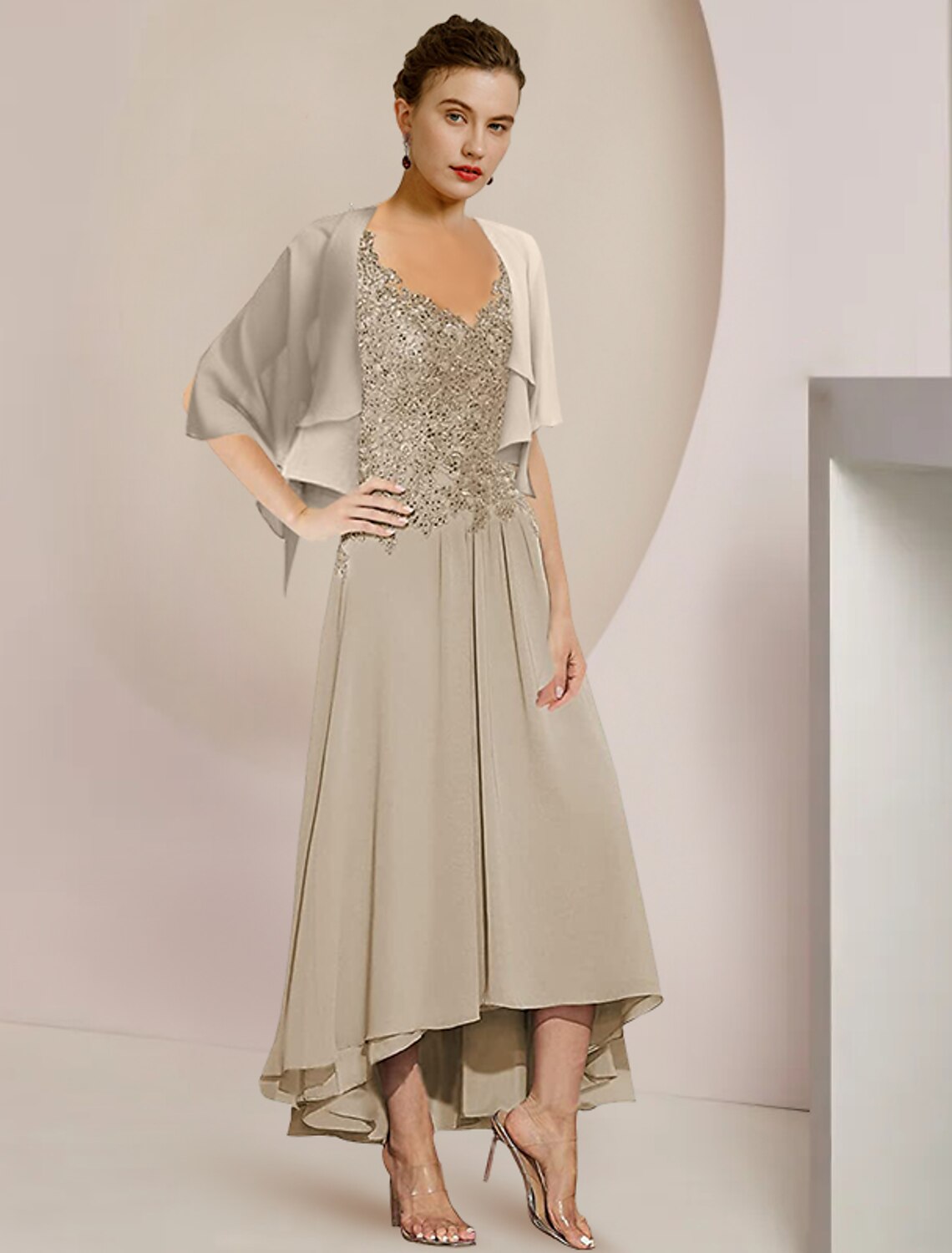 Wholesale  Two Piece A-Line Mother of the Bride Dress Formal Wedding Guest Elegant High Low V Neck Asymmetrical Tea Length Chiffon Lace 3/4 Length Sleeve Wrap Included with Sequin Appliques