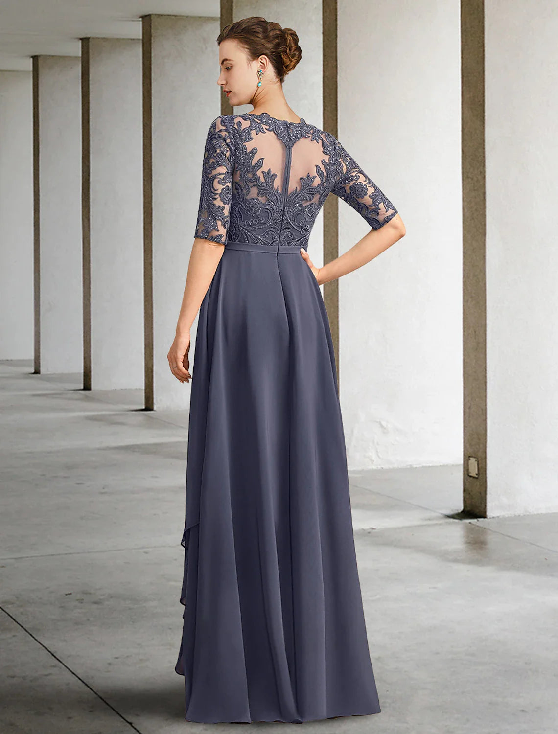 Wholesale A-Line Mother of the Bride Dress Formal Wedding Guest Elegant Scoop Neck Floor Length Chiffon Lace Half Sleeve with Bow(s) Sequin