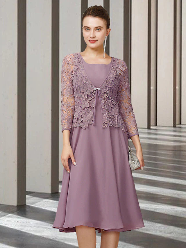 Wholesale Two Piece A-Line Mother of the Bride Dress Elegant Jewel Neck Knee Length Chiffon Lace Sleeveless with Solid Color