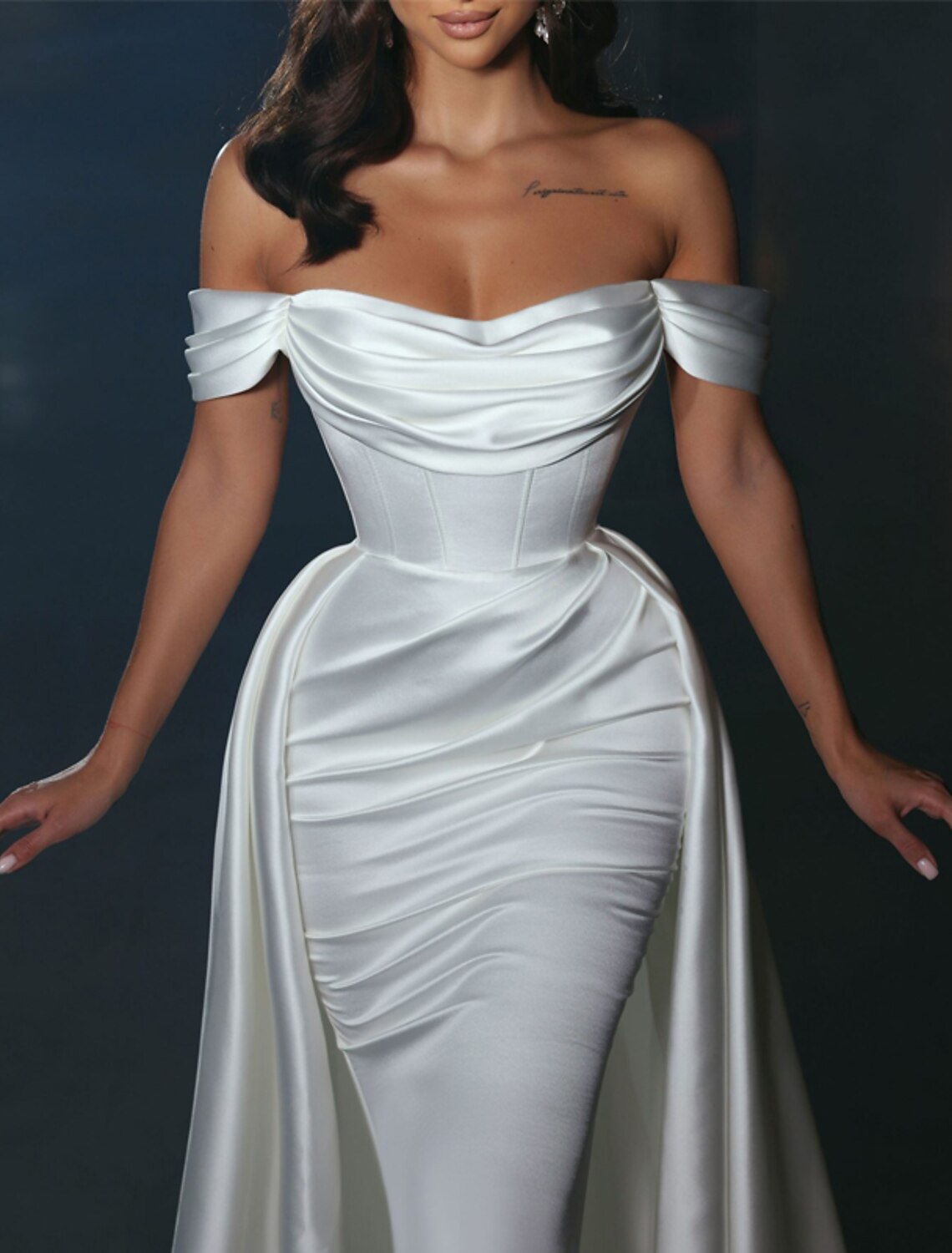 Wholesale Engagement Formal Wedding Dresses Sheath / Column Off Shoulder Cap Sleeve Chapel Train Satin Bridal Gowns With Ruched Solid Color Summer Fall Wedding Party