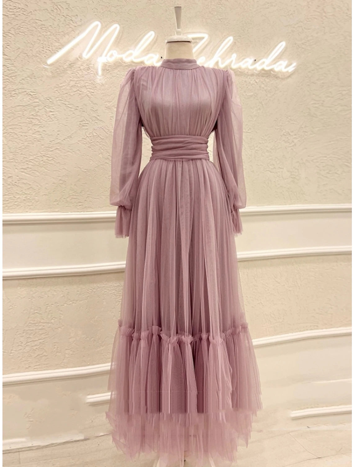 Wholesale A-Line Prom Dresses Elegant Dress Formal Ankle Length Long Sleeve High Neck Tulle with Pleats Ruched