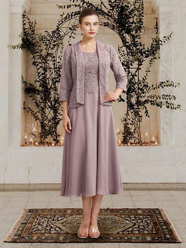 Wholesale Two Piece A-Line Mother of the Bride Dress Church Elegant Jewel Neck Floor Length Tea Length Chiffon Lace Sleeveless Short Jacket Dresses with Ruffles Appliques