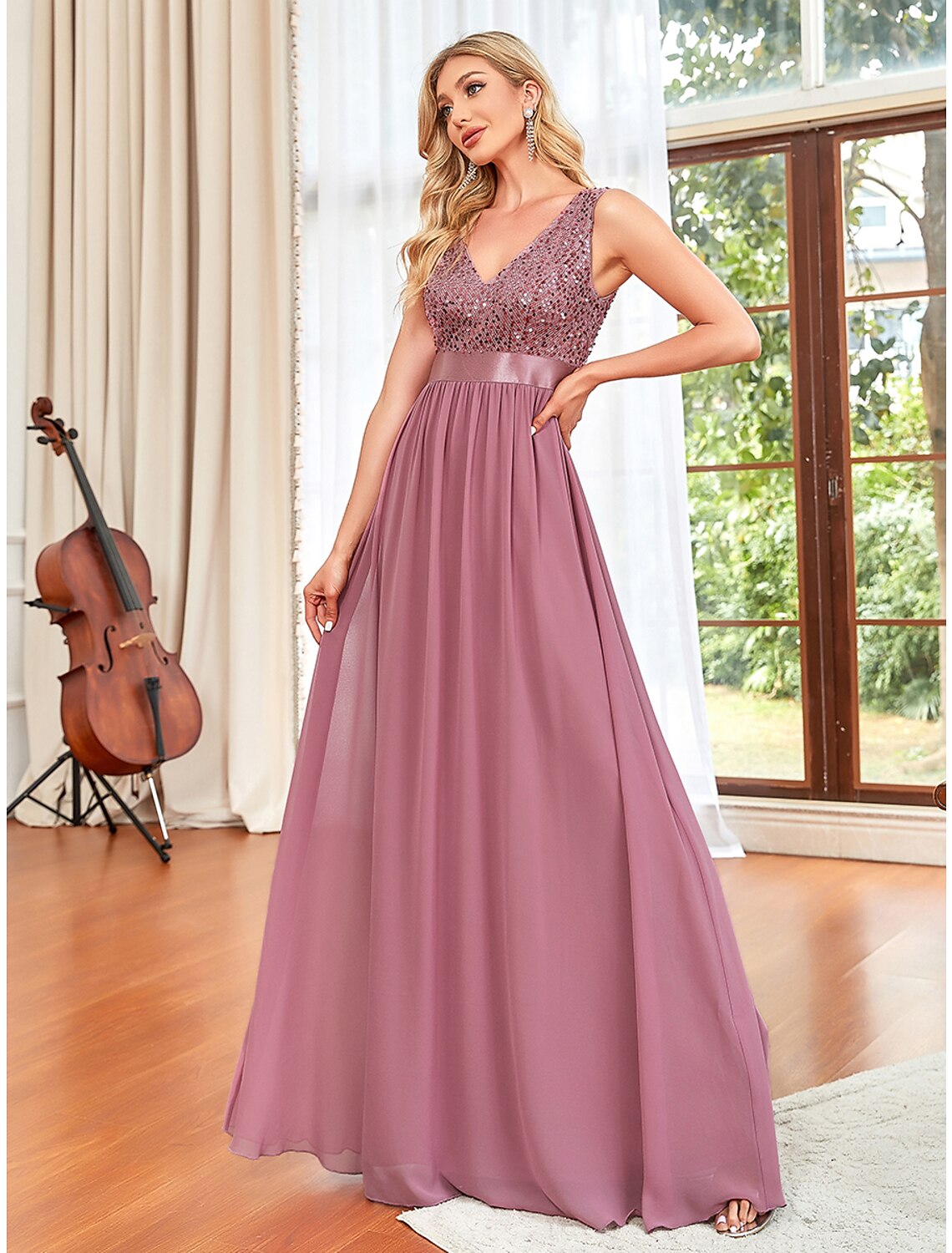 Wholesale  A-Line Prom Dresses Sparkle & Shine Dress Wedding Guest Prom Floor Length Sleeveless V Neck Chiffon V Back with Draping