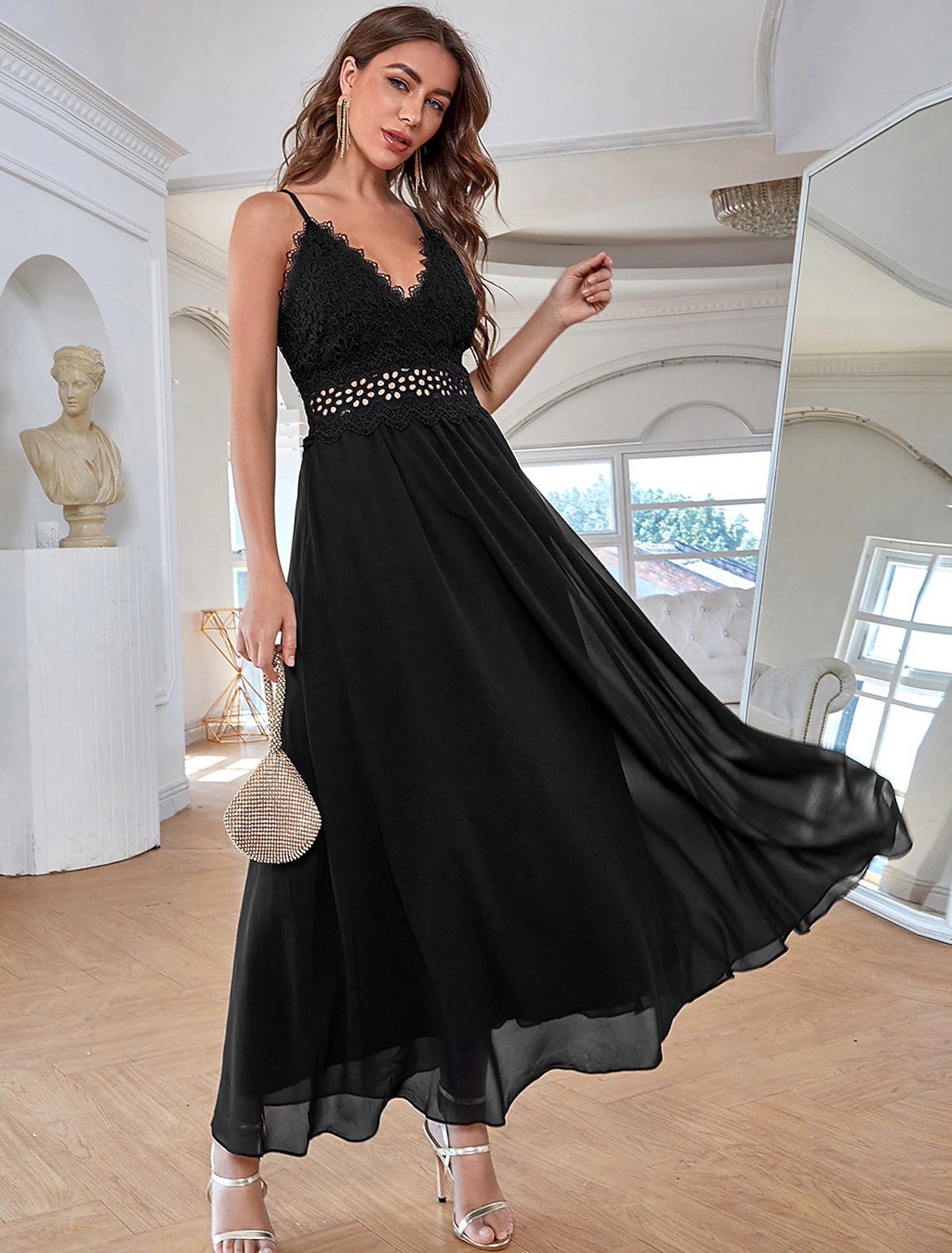 Wholesale A-Line Elegant Vintage Party Wear Formal Evening Dress V Neck Sleeveless Ankle Length Chiffon with Sequin