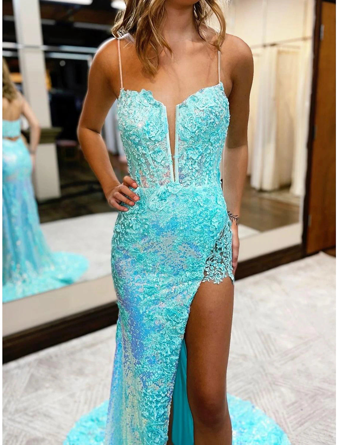 Wholesale  Mermaid / Trumpet Prom Dresses High Split Dress Formal Wedding Party Court Train Sleeveless V Neck Sequined with Slit Appliques