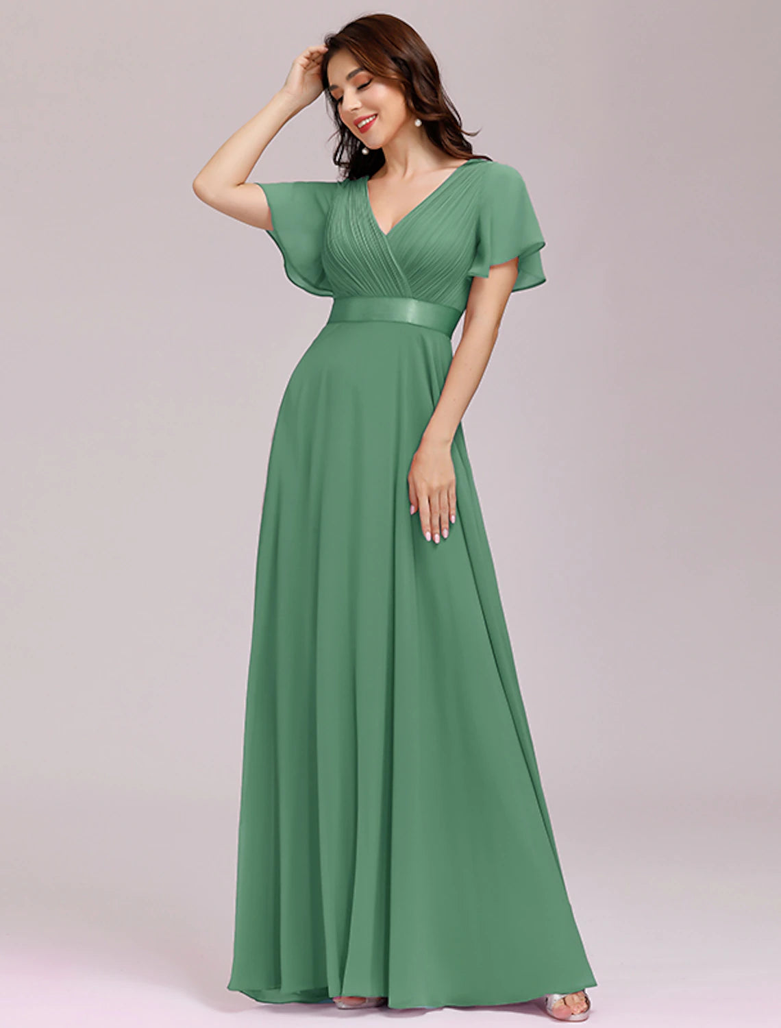 Wholesale A-Line Empire Fall Wedding Guest Dress For Bridesmaid Plus Size Formal Evening Dress V Neck Short Sleeve Floor Length Chiffon with Pleats Ruched