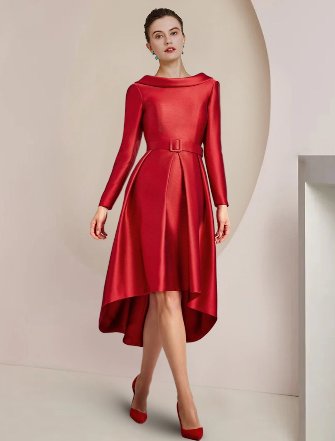 Wholesale  A-Line Mother of the Bride Dress Wedding Guest Party Elegant High Low Scoop Neck Asymmetrical Knee Length Satin Long Sleeve with Crystal Brooch