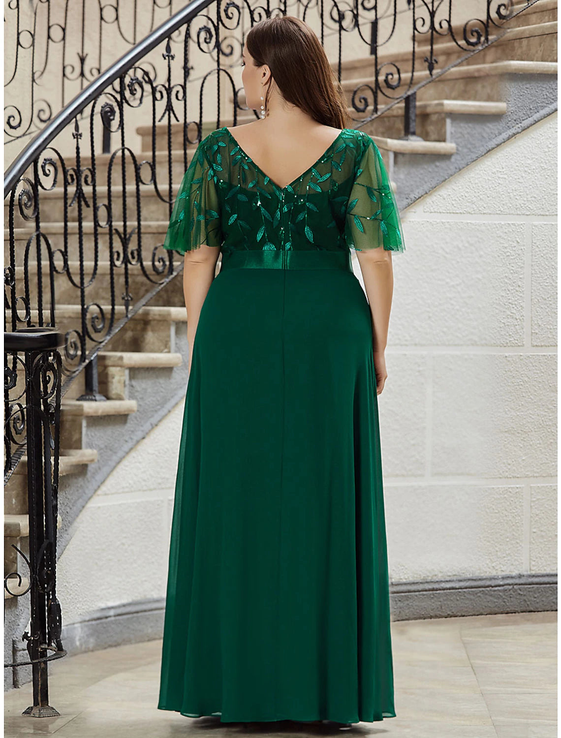 Wholesale  A-Line Prom Dresses Empire Dress Evening Party Wedding Guest Floor Length Short Sleeve Jewel Neck Bridesmaid Dress Chiffon V Back with Sequin