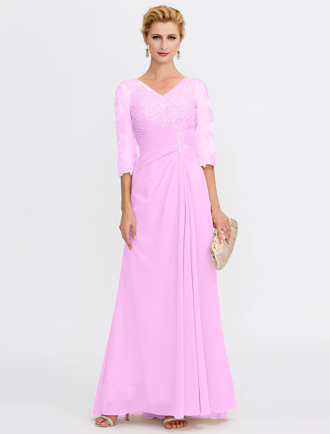 Wholesale  A-Line Mother of the Bride Dress Fall Wedding Guest Dresses Plus Size Elegant See Through V Neck Floor Length Chiffon Half Sleeve with Appliques Side Draping