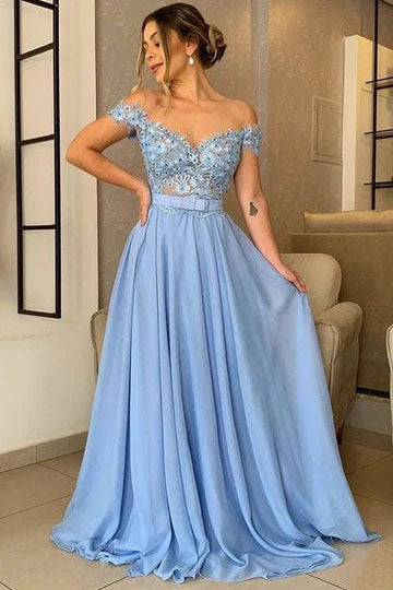 Wholesale Off the Shoulder A Line Chiffon Appliques Prom Dress