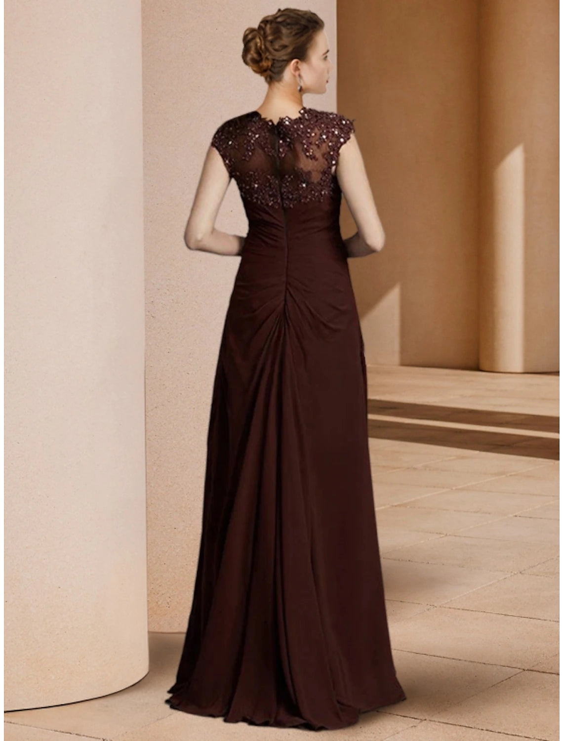 Wholesale Sheath / Column Mother of the Bride Dress Wedding Guest Elegant Scoop Neck Floor Length Stretch Chiffon Long Sleeve with Sequin Ruching