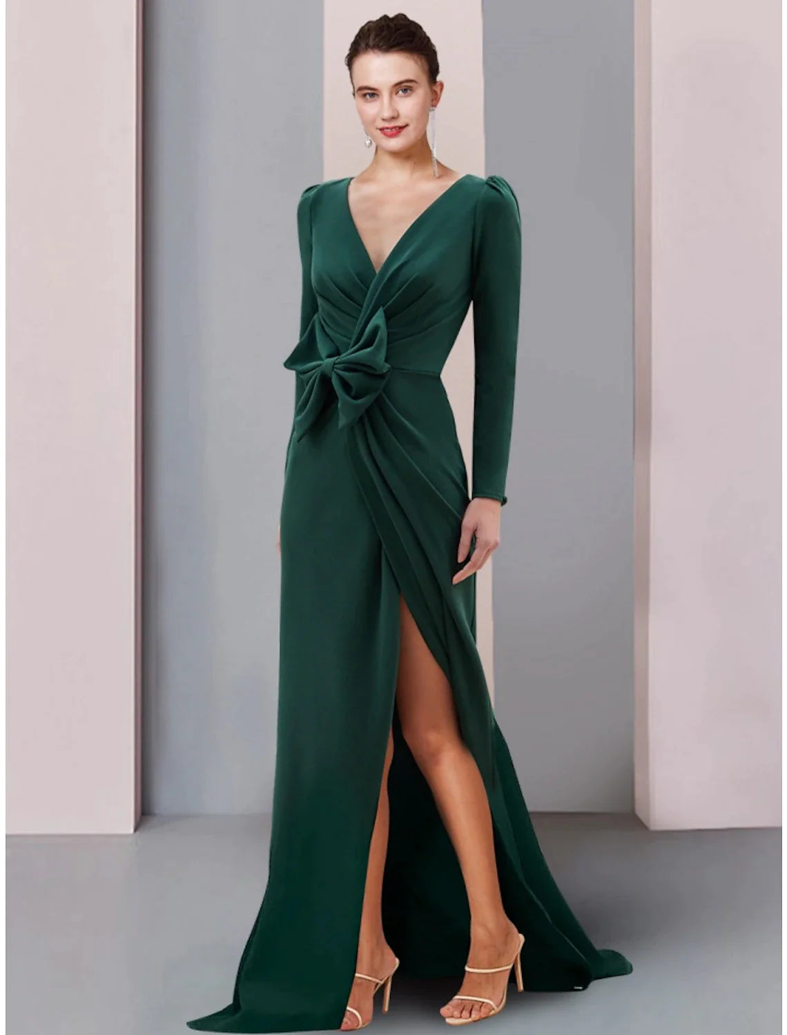 Wholesale A-Line Mother of the Bride Dress Wedding Guest Elegant V Neck Sweep / Brush Train Stretch Fabric Long Sleeve with Bow(s) Split Front Ruching