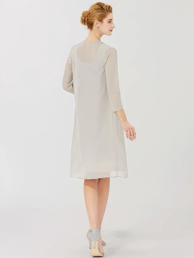 Wholesale Sheath / Column Mother of the Bride Dress Formal Classic & Timeless Elegant & Luxurious Convertible Dress Jewel Neck Knee Length Chiffon 3/4 Length Sleeve with Criss Cross Crystal Brooch