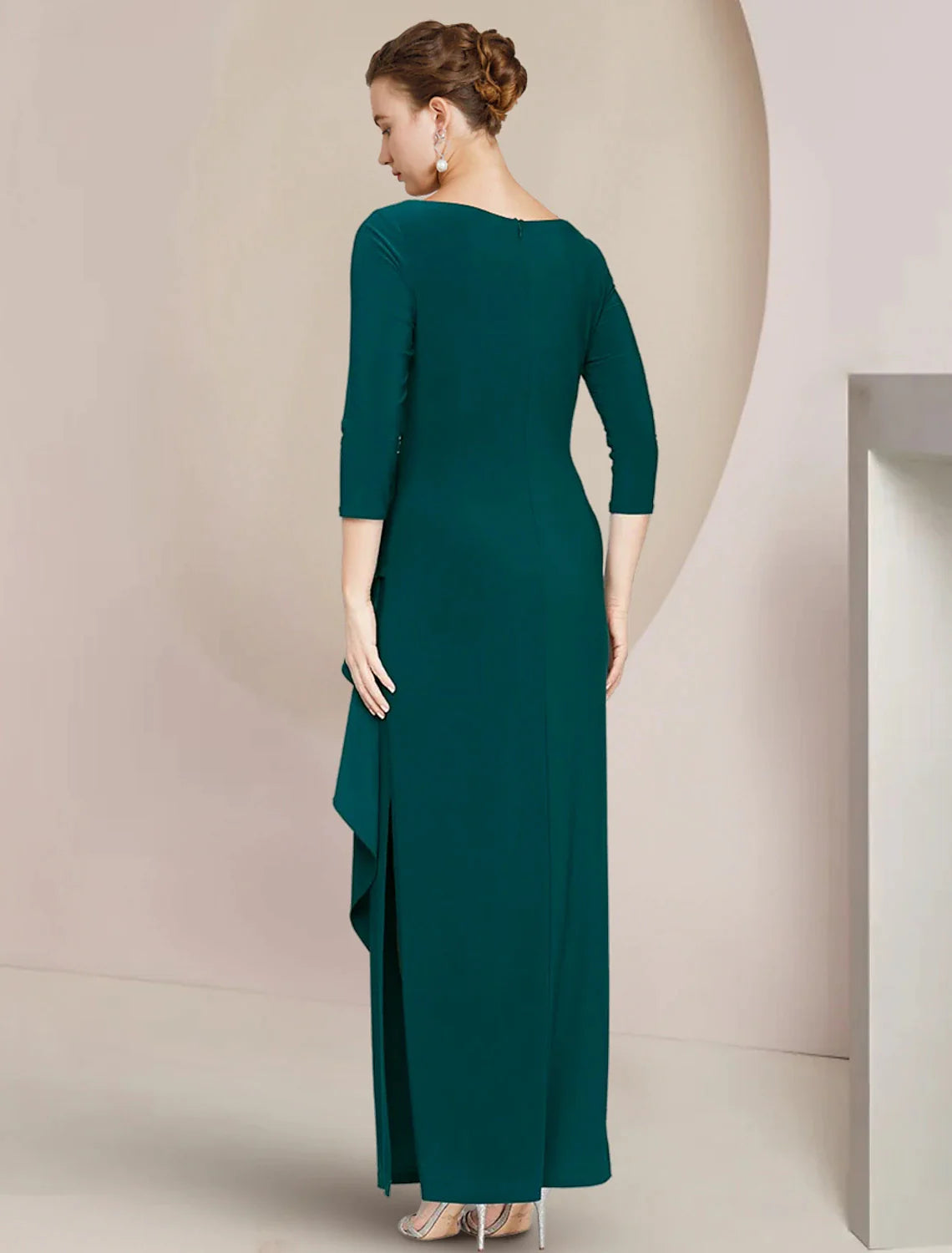 Wholesale Sheath / Column Mother of the Bride Dress Wedding Guest Elegant Scoop Neck Ankle Length Stretch Chiffon 3/4 Length Sleeve with Crystals Ruffles Split Front