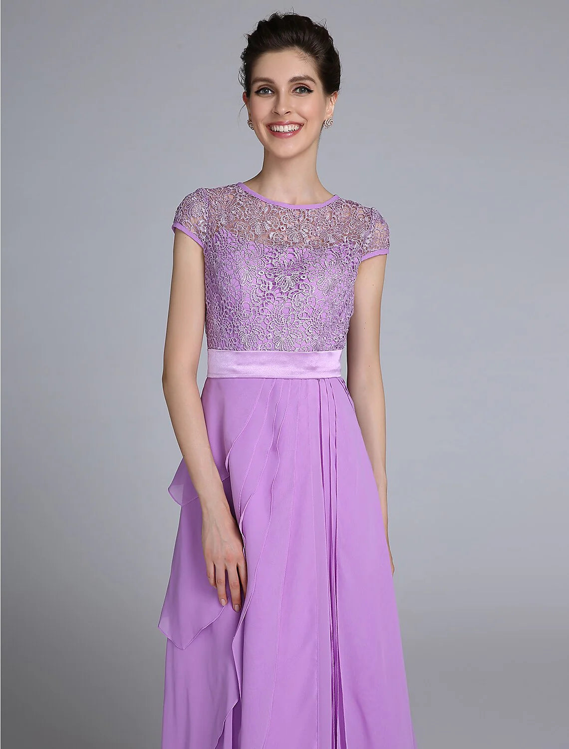 Wholesale Sheath / Column Mother of the Bride Dress See Through Jewel Neck Floor Length Chiffon Short Sleeve No with Lace