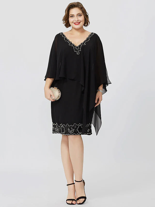 Wholesale Sheath / Column Mother of the Bride Dress Formal Classic & Timeless Elegant & Luxurious Plus Size V Neck Knee Length Chiffon Sleeveless No with Crystals Beading