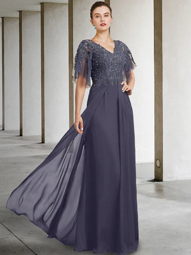 Wholesale A-Line Plus Size Curve Mother of the Bride Dress Elegant V Neck Floor Length Chiffon Lace Short Sleeve with Beading Sequin Appliques