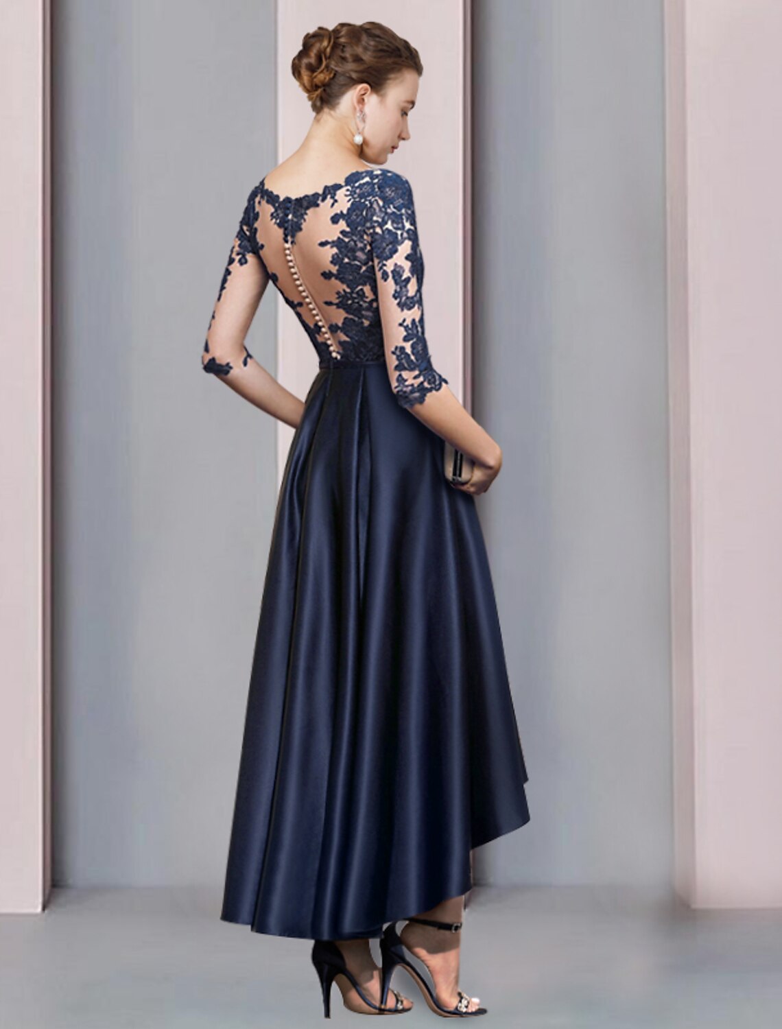 Wholesale  A-Line Mother of the Bride Dress Wedding Guest Vintage Sexy V Neck Asymmetrical Satin Lace Half Sleeve with Pleats