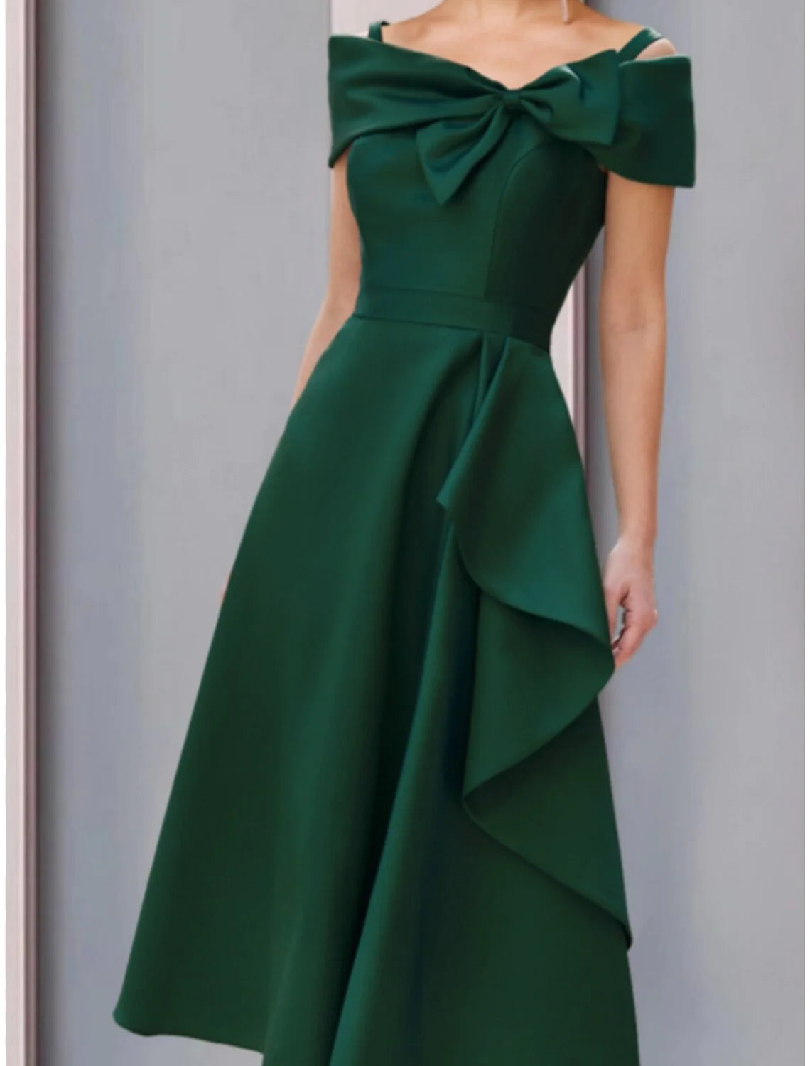 Wholesale A-Line Mother of the Bride Dress Wedding Guest Elegant Off Shoulder Tea Length Satin Short Sleeve with Bow(s) Ruffles Ruching