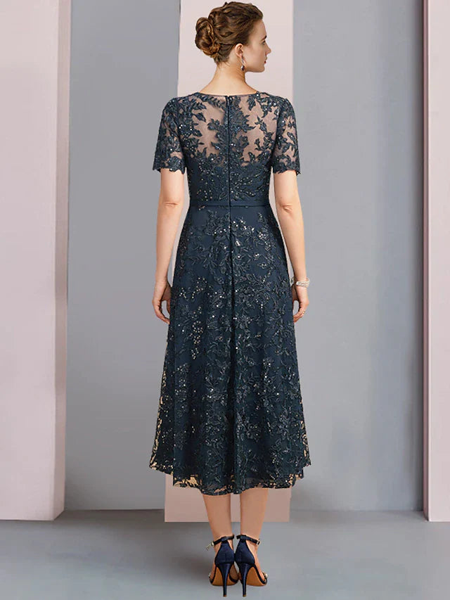 Wholesale Two Piece A-Line Mother of the Bride Dress Elegant Scoop Neck Tea Length Lace Short Sleeve with Sequin Appliques