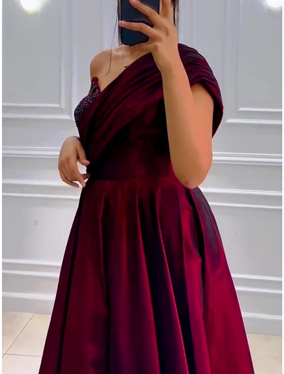 Wholesale A-Line Evening Gown Elegant Dress Formal Floor Length Christmas Red Green Dress Short Sleeve One Shoulder Satin with Pleats Ruched Sequin