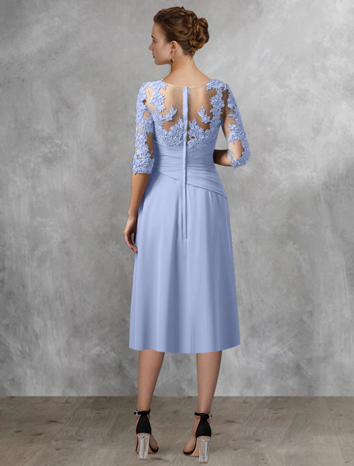 Wholesale  Two Piece A-Line Mother of the Bride Dress Wedding Guest Elegant Square Neck Tea Length Chiffon Lace Half Sleeve Wrap Included with Appliques Side-Draped
