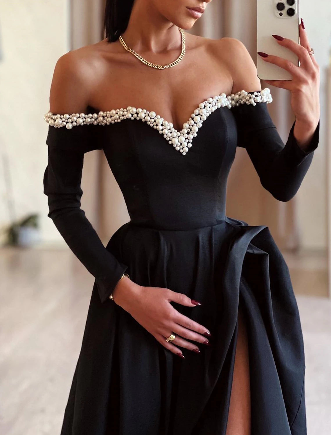 Wholesale A-Line Evening Gown Black Dress Dress Formal Masquerade Sweep / Brush Train Long Sleeve Off Shoulder Satin with Pearls Slit