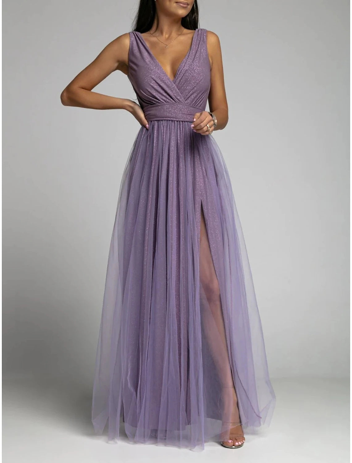 Wholesale A-Line Party Dresses Sexy Dress Wedding Guest Prom Floor Length Sleeveless V Neck Polyester with Ruched Slit