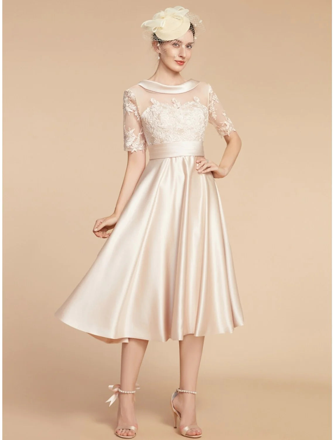 Wholesale A-Line Mother of the Bride Dress Wedding Guest Elegant Petite Scoop Neck Knee Length Satin Lace Half Sleeve with Appliques Ruching Solid Color