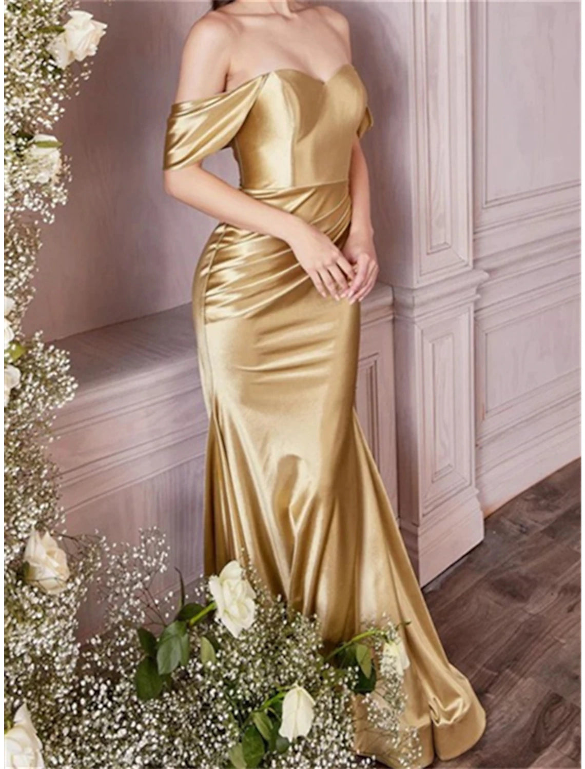 Wholesale Mermaid / Trumpet Bridesmaid Dress Off Shoulder Sleeveless Blue Court Train Satin with Ruching / Solid Color