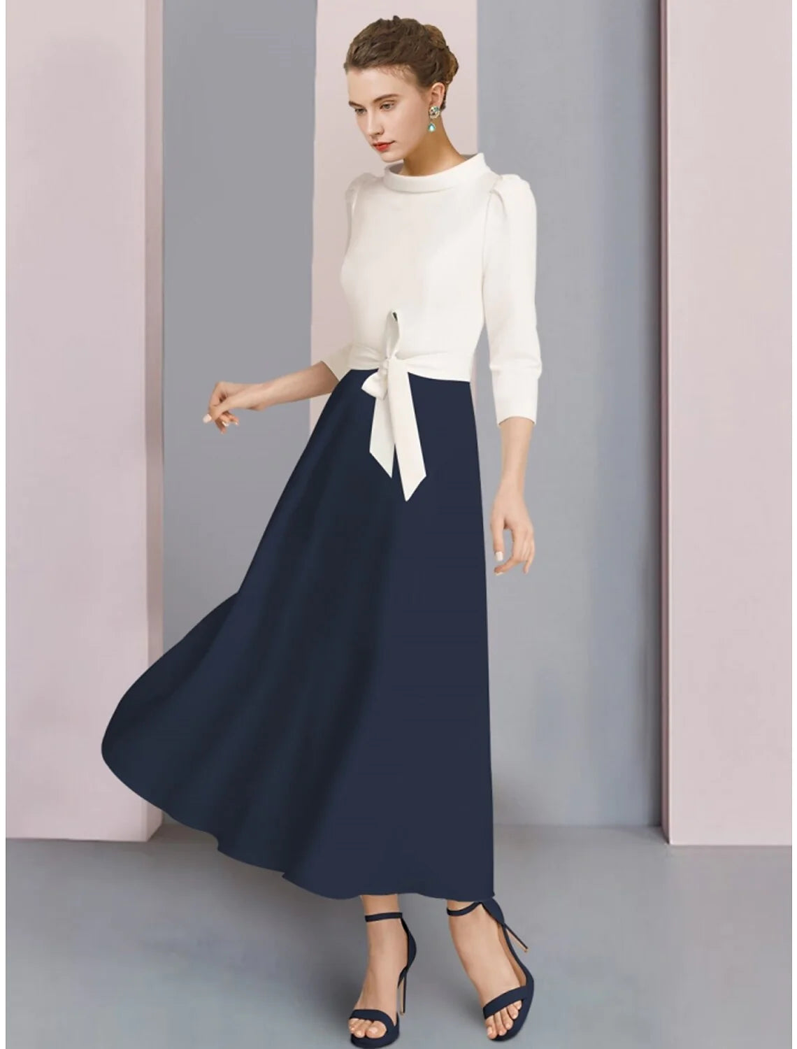 Wholesale A-Line Mother of the Bride Dress Wedding Guest Elegant Scoop Neck Ankle Length Stretch Fabric 3/4 Length Sleeve with Bow(s) Ruching