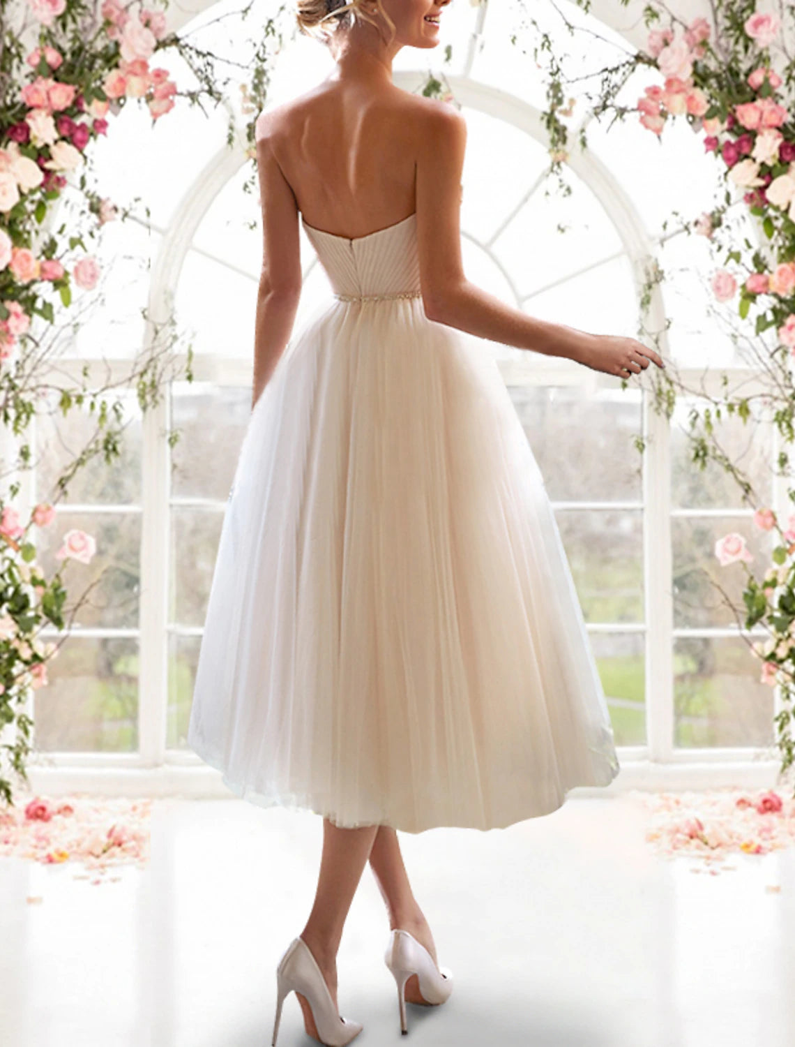 Wholesale Reception Little White Dresses Wedding Dresses A-Line Sweetheart Strapless Tea Length Tulle Bridal Gowns With Sashes / Ribbons Pleats