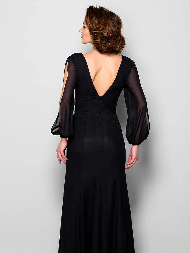 Wholesale A-Line Mother of the Bride Dress Open Back V Neck Floor Length Chiffon Long Sleeve with Criss Cross