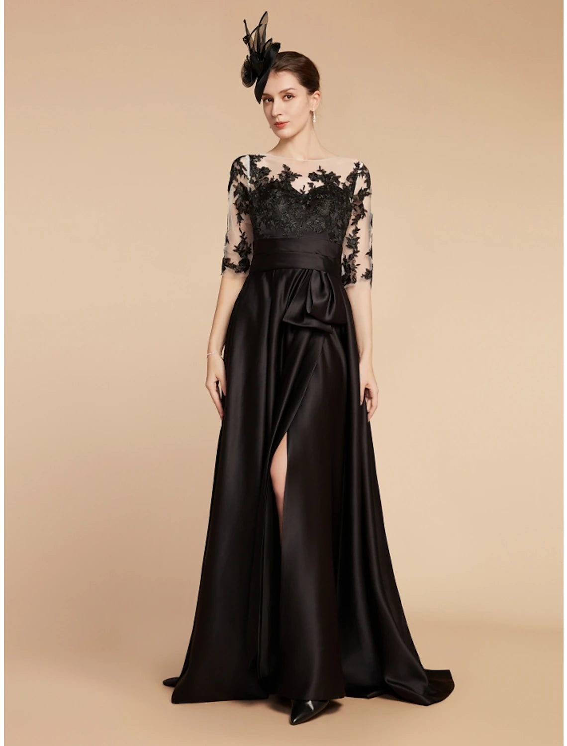 Wholesale A-Line Mother of the Bride Dress Wedding Guest Elegant Party Jewel Neck Sweep / Brush Train Satin Lace Half Sleeve with Split Front Ruching Solid Color