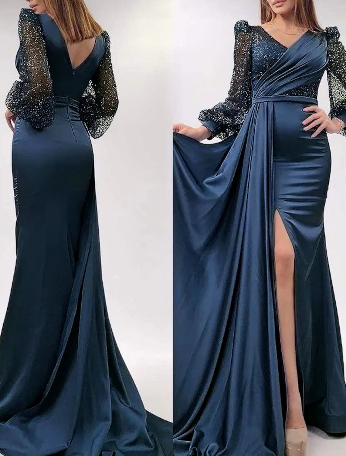 Wholesale Mermaid / Trumpet Evening Gown Sparkle & Shine Dress Formal Court Train Long Sleeve V Neck Fall Wedding Guest Charmeuse with Sequin Slit