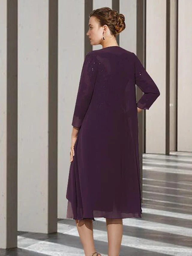 Wholesale Two Piece A-Line Mother of the Bride Dress Church Elegant Jewel Neck Knee Length Chiffon Lace 3/4 Length Sleeve Jacket Dresses with Beading Appliques