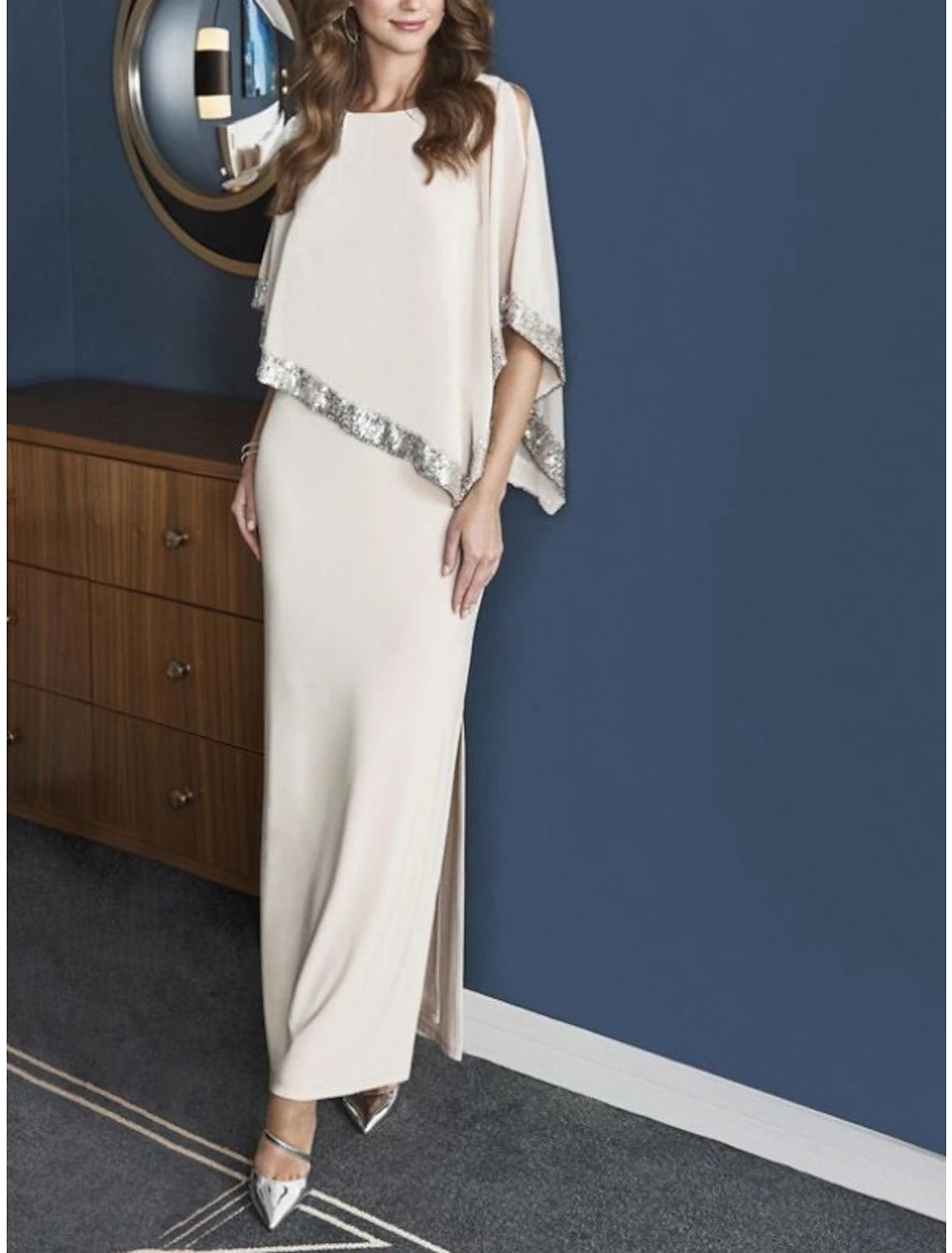 Wholesale Sheath Mother of the Bride Dress Cape Dress Wedding Guest Elegant Sparkle & Shine Jewel Neck Ankle Length Chiffon 3/4 Length Sleeve with Sequin Split Front