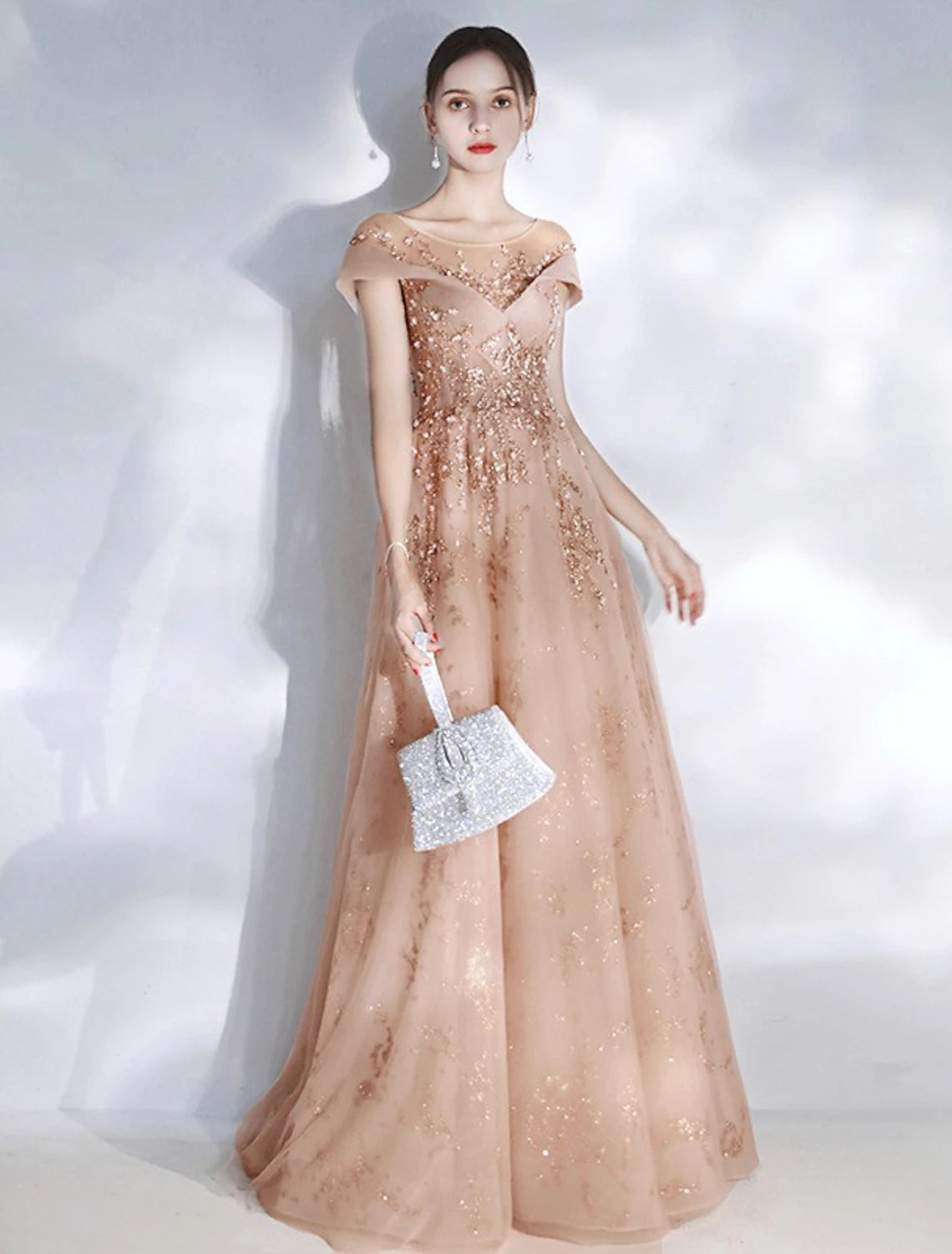 Wholesale A-Line Bridesmaid Dress Jewel Neck Short Sleeve Beautiful Back Floor Length Tulle with Crystals / Bandage