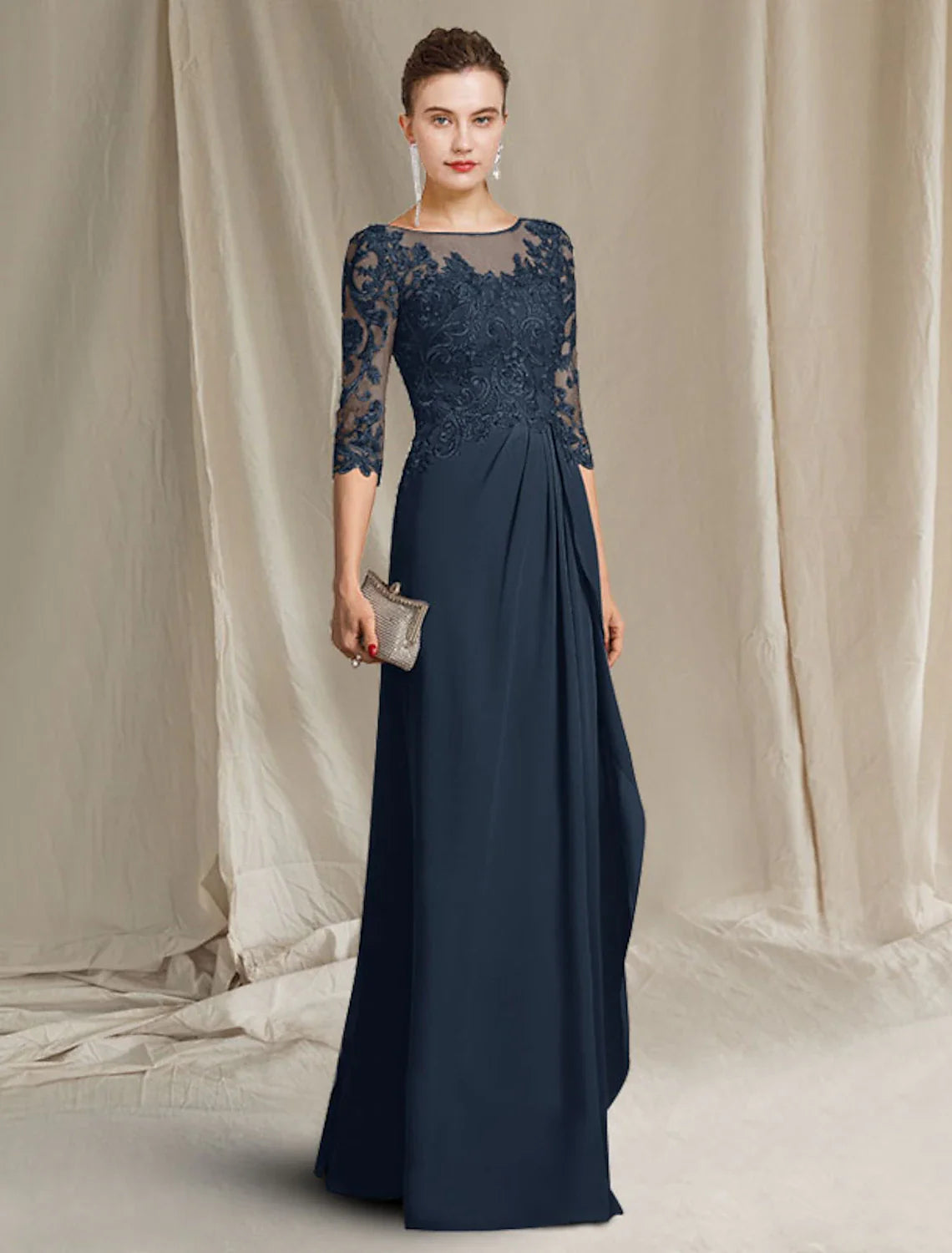 Wholesale Sheath / Column Mother of the Bride Dress Plus Size Elegant Jewel Neck Floor Length Chiffon Lace 3/4 Length Sleeve with Pleats Ruffles Appliques