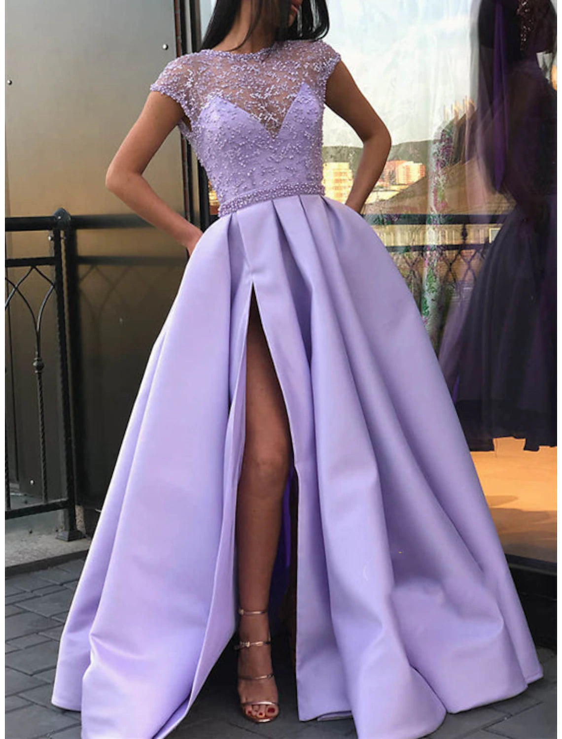 Wholesale A-Line Evening Gown Sparkle & Shine Dress Formal Wedding Court Train Short Sleeve Jewel Neck Belt / Sash Satin with Slit Appliques