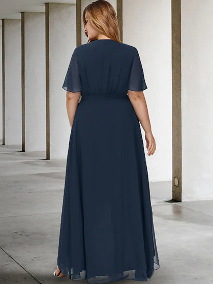 Wholesale A-Line Plus Size Curve Mother of the Bride Dresses Elegant Dress Formal Asymmetrical Short Sleeve V Neck Chiffon with Bow(s) Slit