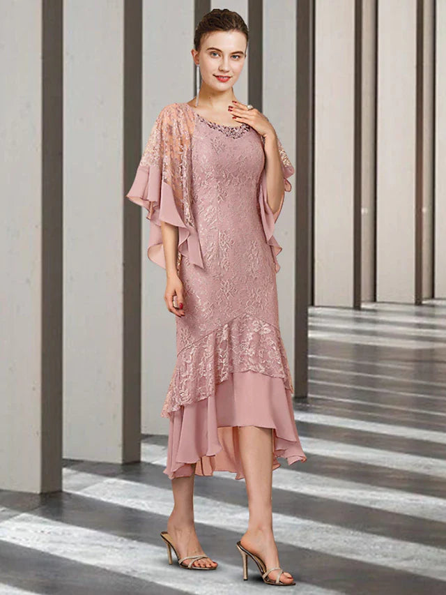 Wholesale Sheath / Column Mother of the Bride Dress Elegant High Low Jewel Neck Asymmetrical Tea Length Chiffon Lace Half Sleeve Wrap Included with Beading Ruffles Appliques