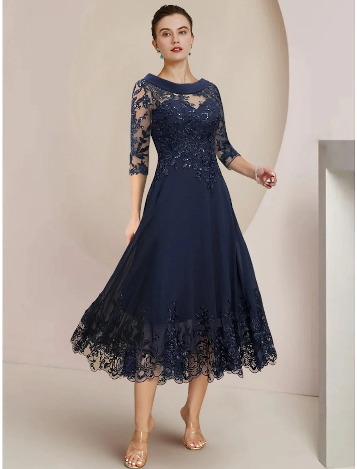 Wholesale A-Line Mother of the Bride Dress Wedding Guest Elegant Petite Scoop Neck Tea Length Chiffon Lace Half Sleeve with Sequin Ruching Solid Color
