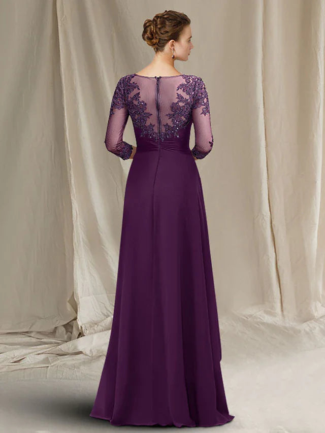 Wholesale A-Line Mother of the Bride Dress Luxurious Elegant Jewel Neck Floor Length Chiffon Lace Sequined 3/4 Length Sleeve with Pleats Beading Appliques