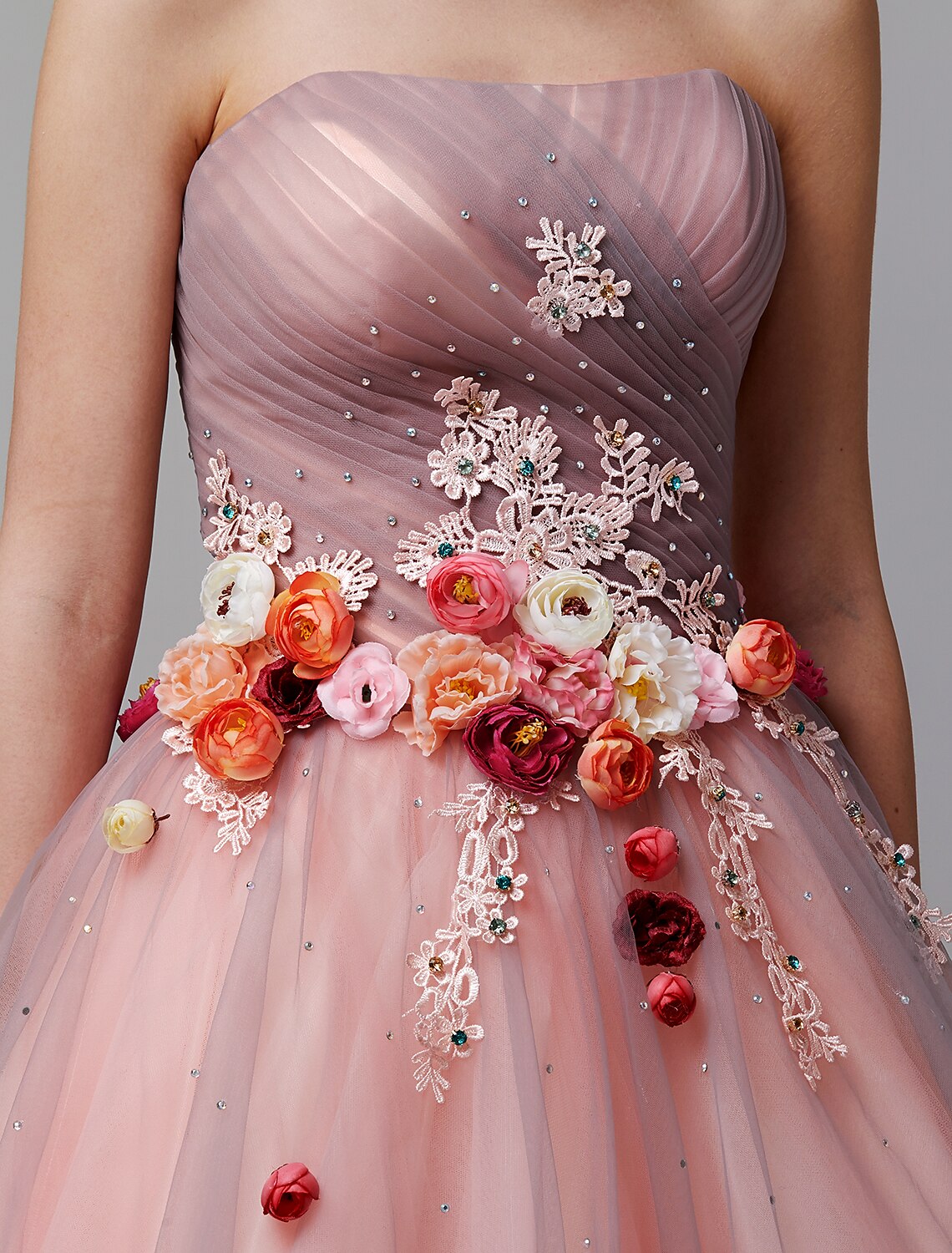 Wholesale  Ball Gown Floral Formal Evening Dress Strapless Sleeveless Floor Length Tulle with Pleats Flower