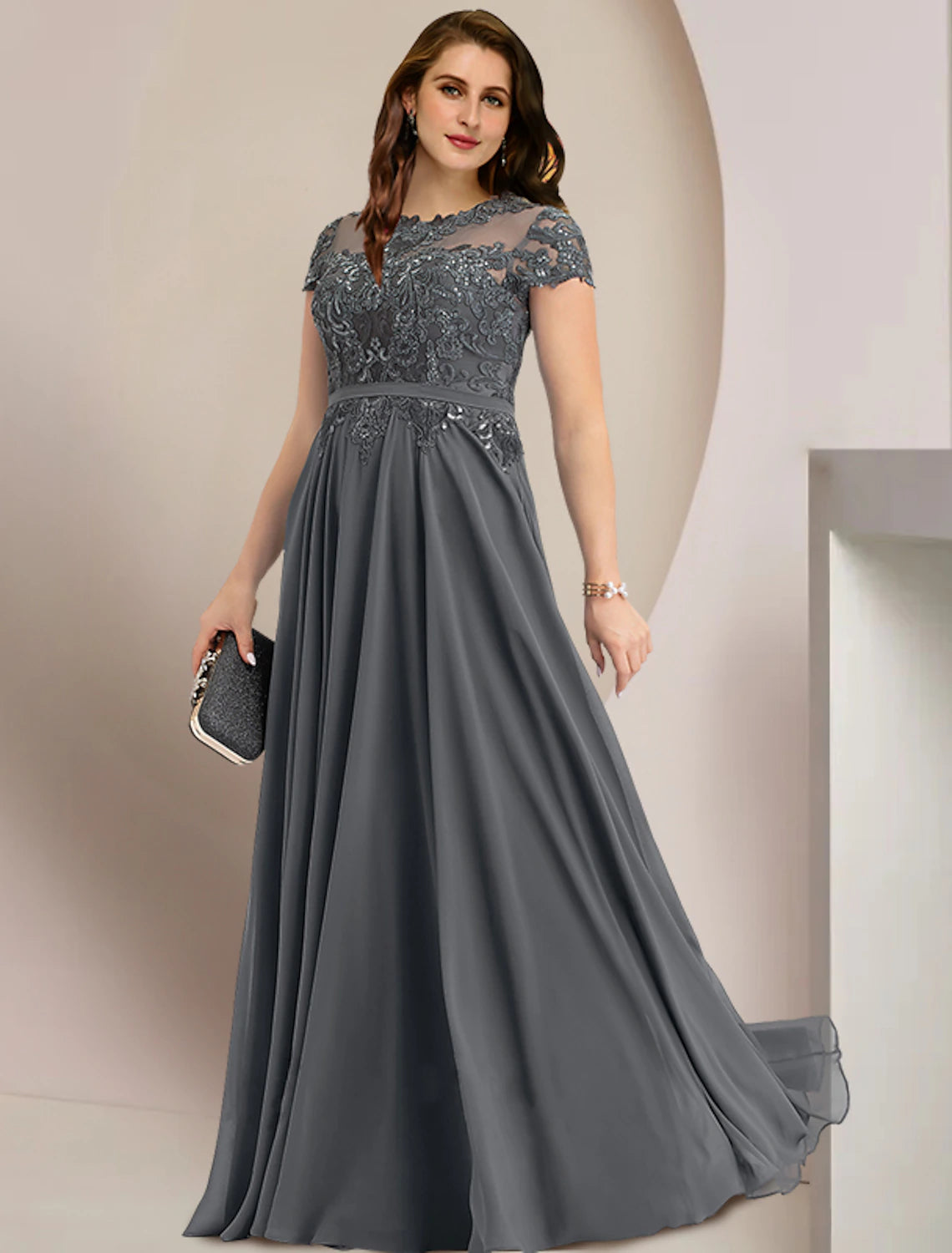 Wholesale  Mother of the Bride Dresses Plus Size Curve Hide Belly Wedding Guest Party Elegant Jewel Neck Floor Length Chiffon Lace Short Sleeve with Pleats Sequin